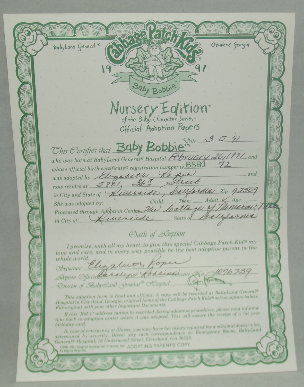 cabbage patch birth certificate