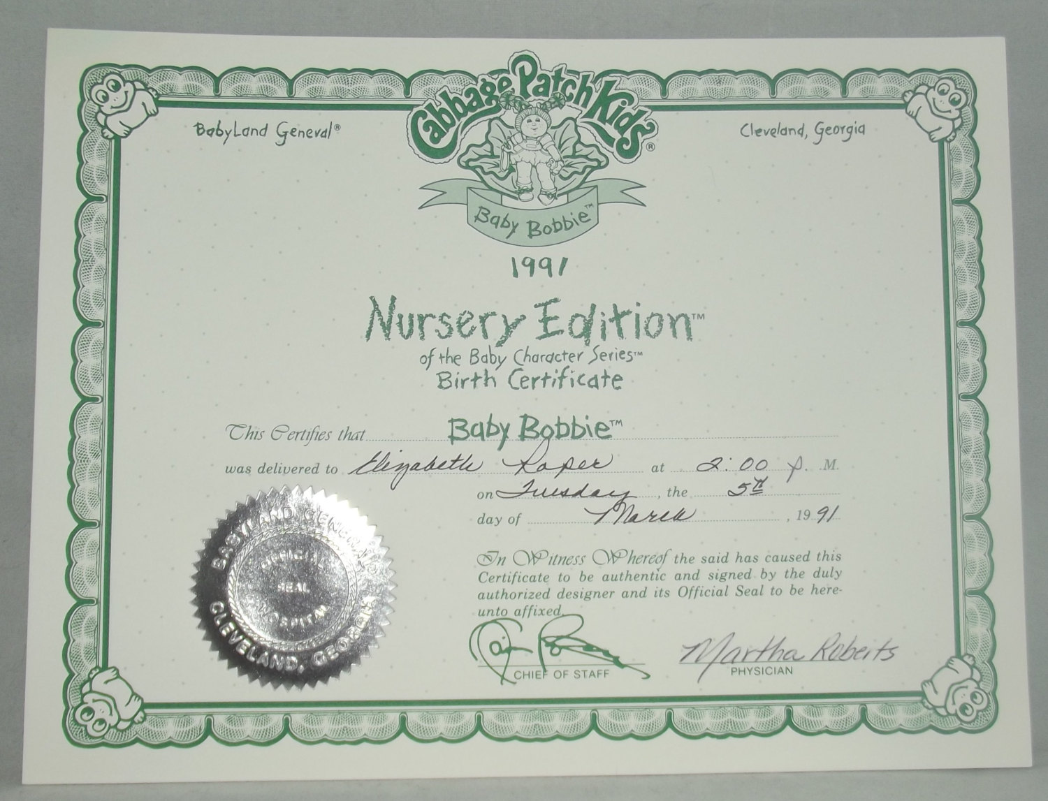 cabbage patch kids birth certificate